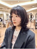 ウルフカット/顔まわりレイヤー/ミディアムレイヤー/黒髪/銀座