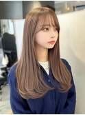 ロング　顔周り　シースルーバング　ミルクティーベージュ　艶髪