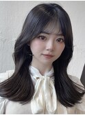 ☆ グレーベージュレイヤーロング前髪パーマオリーブアッシュ