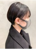 マッシュショート、ワイドバング、暗髪、シースルーバング