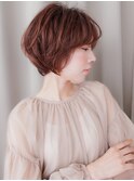 ピンクブラウンブリーチなしくせ毛風丸みショートウルフ30代Tf1