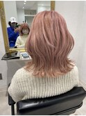 シャーベットピンクベージュ!ひし形ミディアムヘア