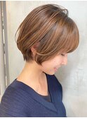 イメチェンハッシュカットフルバングレッドブラウン