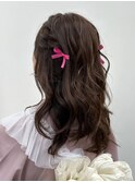着物　ヘアセット　ロング　巻きおろし　編み込み　リボンへア