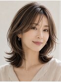 40代50代 白髪ぼかしハイライト くびれミディアムレイヤー