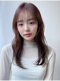 小顔 前髪 レイヤーカット チェリーブラウン"