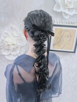 結婚式 二次会 お呼ばれ 編みおろしポニー×黒ベロアリボン