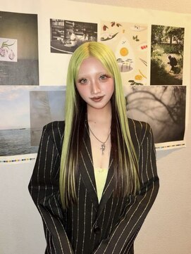 グロウ 渋谷西口(grow) 【ライムグリーン×ブラック／プルエクステ120本ダブルカラー】