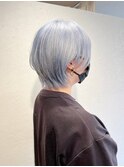 小顔ショートボブ ハイトーンブルーカラー 髪質改善