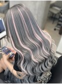 ホワイトシルバーアッシュミルクティーピンクハイライトメッシュ