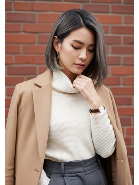 グレーブラウン/全頭ブリーチ/ミニボブレイヤー/内巻きモテヘア