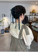編み込みアップスタイルヘアセット成人式ヘアセットハーフアップ