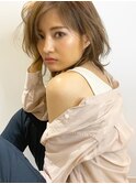 小顔セミウェットウェーブピンクベージュハイライトカラー