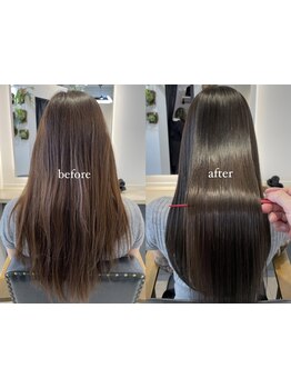 一人ひとりに合わせた薬剤配合で毛先まで潤う縮毛矯正◆酸性ストレートで負担を少なくナチュラル艶髪に。