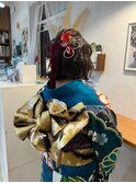 成人式ヘアセット ガーリーミディアムウェーブリボン 和装着物