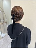ミディアムからふんわりアップ★ベロアリボン/結婚式お呼ばれ