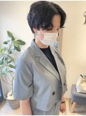 小顔大人ハンサムショートパーマ丸み前髪なしくせ毛風パーマ