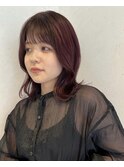ワインレッド♪顔まわりカット 暖色カラー ウェーブヘア