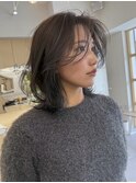 顔まわりレイヤー髪質改善オリーブグレージュ切りっぱなしボブ