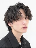 原宿メンズマッシュウルフ無造作シャドウパーマツーブロック黒髪