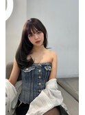 ひし形ミディアム前髪黒髪ボブルフネビージュ小顔ワンレン