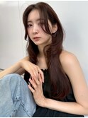 くびれヘア 韓国レイヤー 前髪なし 顔周りカット 艶髪 ブラウン