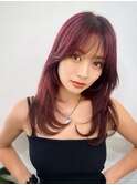 ボルドーカラー前髪顔まわりレイヤーカット