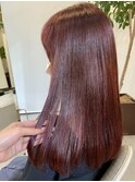△ブリーチなしチェリーレッドストレートヘア髪質改善ロングヘア