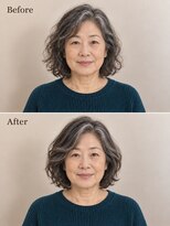 aptas 青山/表参道 白髪染め/白髪ぼかしハイライト/ボリュームアップエクステ&nbsp;60代の大人グレイウェーブボブ｜表参道・青山