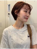 オレンジブラウン　ショートボブ　パーマ風セット　ブリーチなし