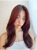 小顔ヘア/ニュアンス/ふんわり/シースルー/暖色/チェリーレッド