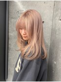 レイヤーカットピンクベージュピンクブロンドケアブリーチカラー