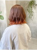 ボブ裾カラーブリーチブラウンカラーダブルカラーオレンジカラー