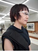 ショートヘア ショートボブ 赤カラー ブリーチなしカラー オン眉