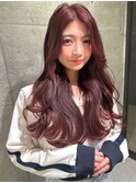 ★丸型逆三角ホワイトグレージュデジタルパーマチェリーブラウン