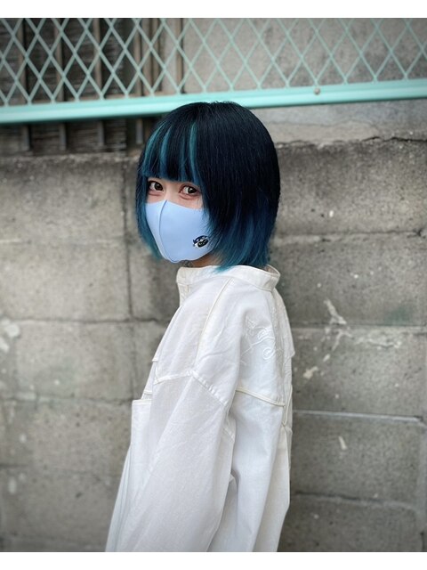 【派手髪】blue black×turquoise blue【インナーカラー】
