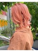 オレンジポップ_ブリーチオンカラー_鎖骨ミディアム_ボブウルフ