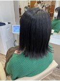 伸ばしかけミディアム似合わせカット暗髪外ハネ前髪あり