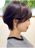 美髪シアーカラーピンクブラウンショートカット切りっぱなしボブ