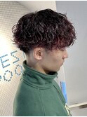 波巻きパーマ 赤メッシュ ハイライト 波巻きスパイラル 新宿