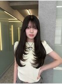 博多/韓国ヘア/レイヤーカット/2way前髪/黒髪ロング/暗めカラー