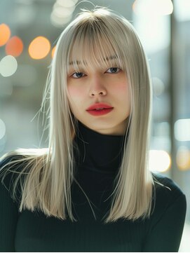 ムウ 難波(MOU) ミディアムレイヤーボブルフネビージュワンレンハイトーンカラー