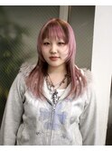 顔まわりレイヤーマレットウルフカットピンクブラウンカラー