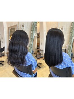 髪に優しい真酸性の薬剤を使用し、ダメージレスで柔らかい質感のストレートを実現◇毛先まで潤う艶髪に＊