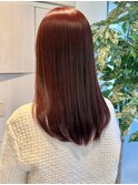 ワインボルドーレッドカラー赤髪ブリーチなしトレンド冬春