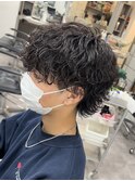 波巻きスパイラルパーマツーブロックウルフヘア