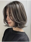 デザインカラーレイヤーカットウェットヘアオリーブベージュ白髪