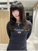 ハッシュカットロングレイヤーワイドバングチョコブラウン渋谷