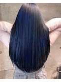 ナチュラル韓国風ネイビーブルー艶髪ロング/デザインカラー