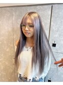 美容学生ロングプルエクステハイトーン黒メッシュシルバー